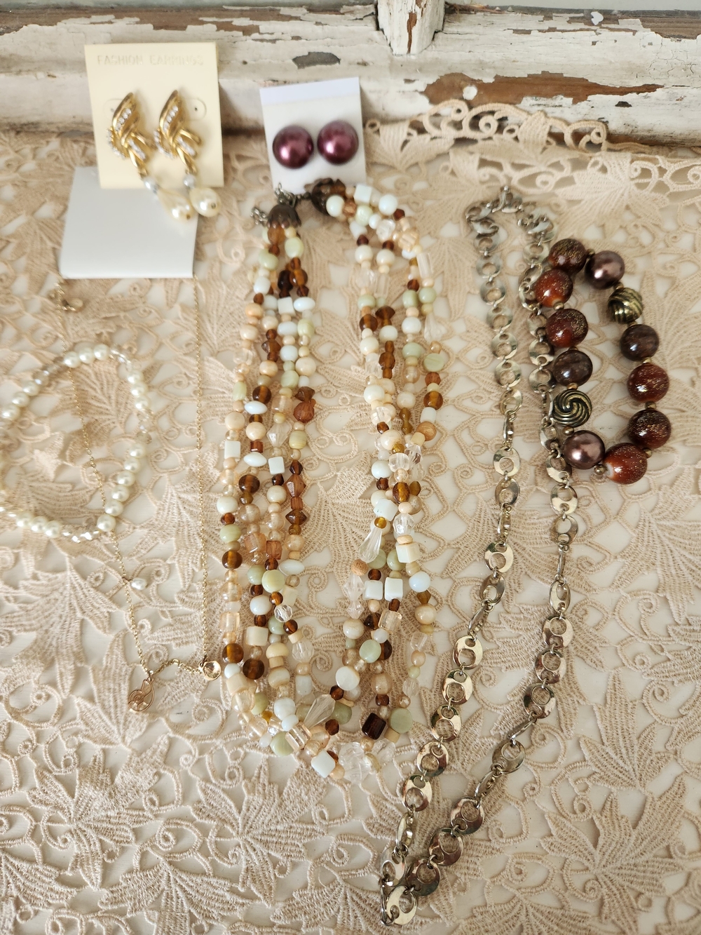 Fashion Jewelry Multi-Strand Beaded Necklace in Cream, Brown & Gold Tones